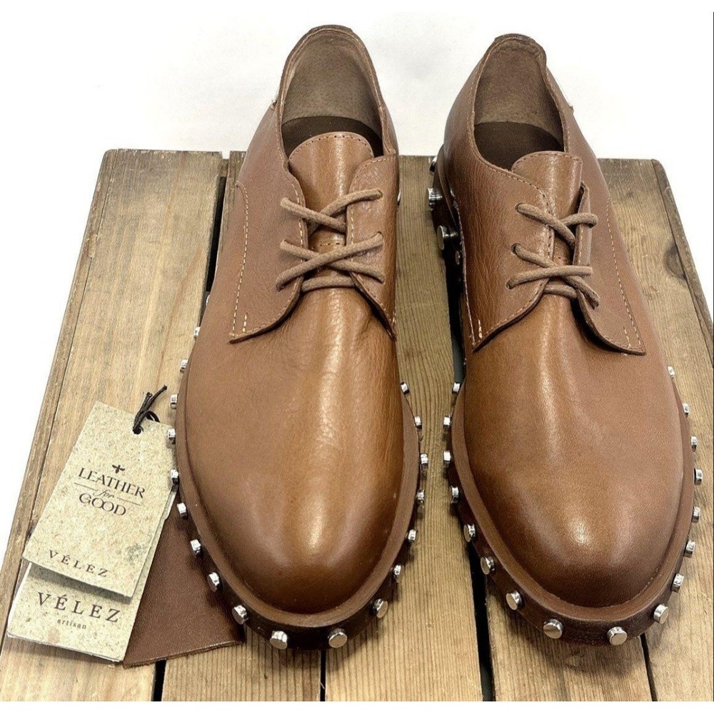VELEZ Artisan Leather Oxford Dress Shoes Studded Tan‎ Brown Men's Size US 8 Lux